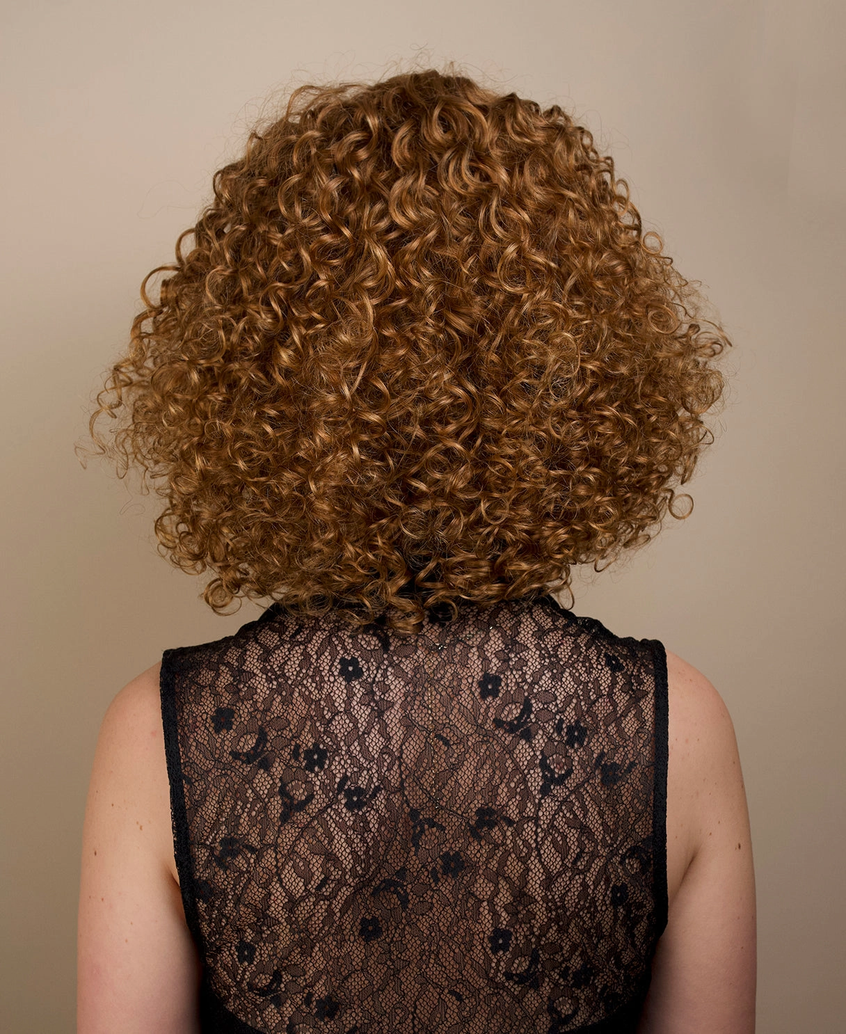 put on & go curly human wig - 14" strawberry blonde with bangs.