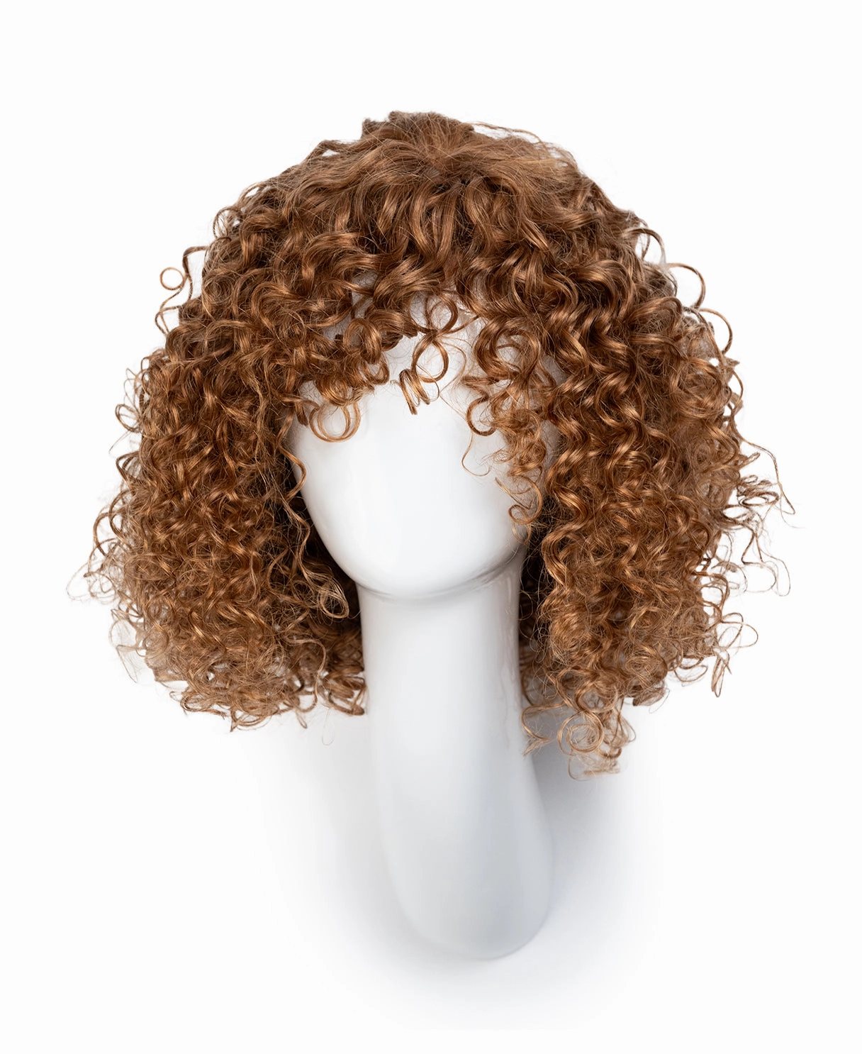 put on & go curly human wig - 14" strawberry blonde with bangs.