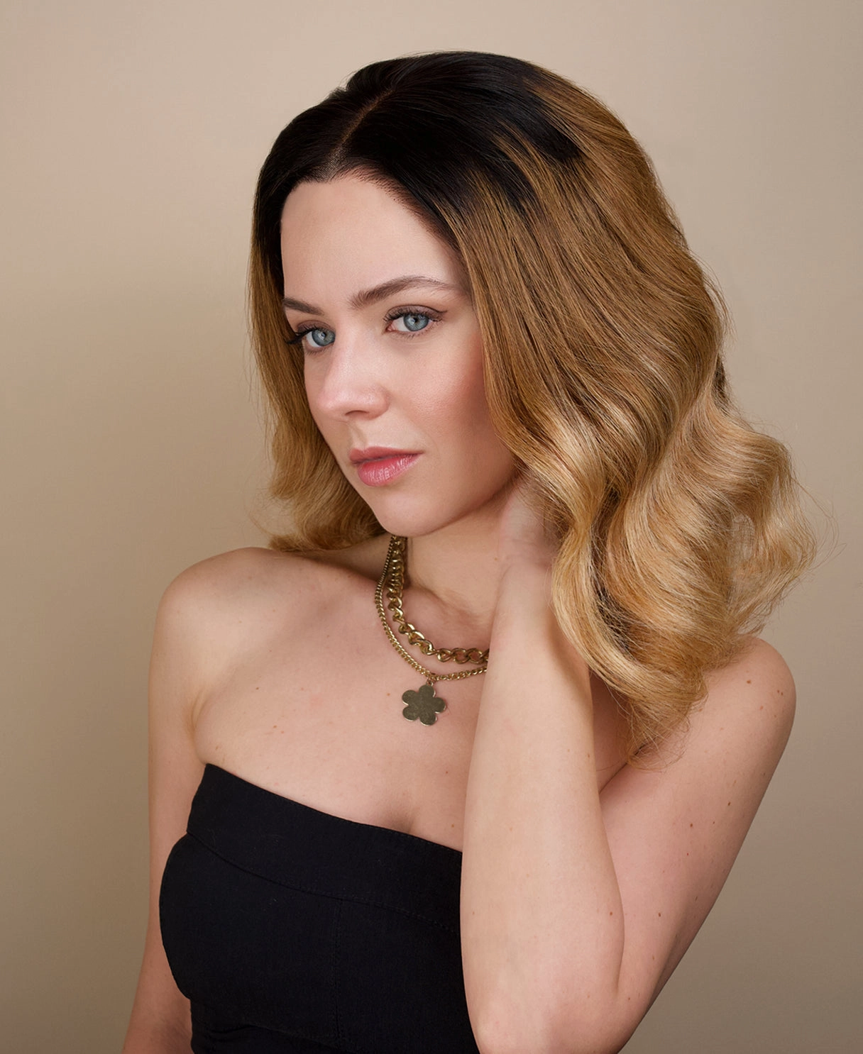 put on & go human wig - 16" rooted blonde with bouncy curls.