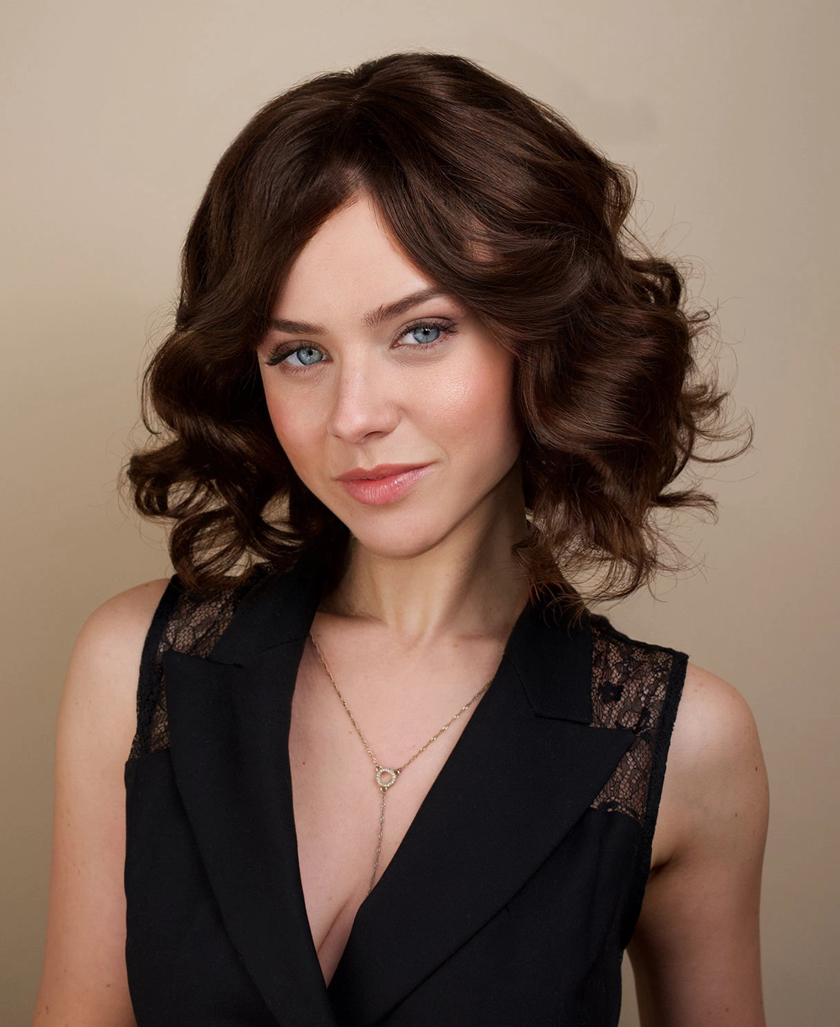 put on & go wavy human wig - 12" chocolate brown with curtain bangs.