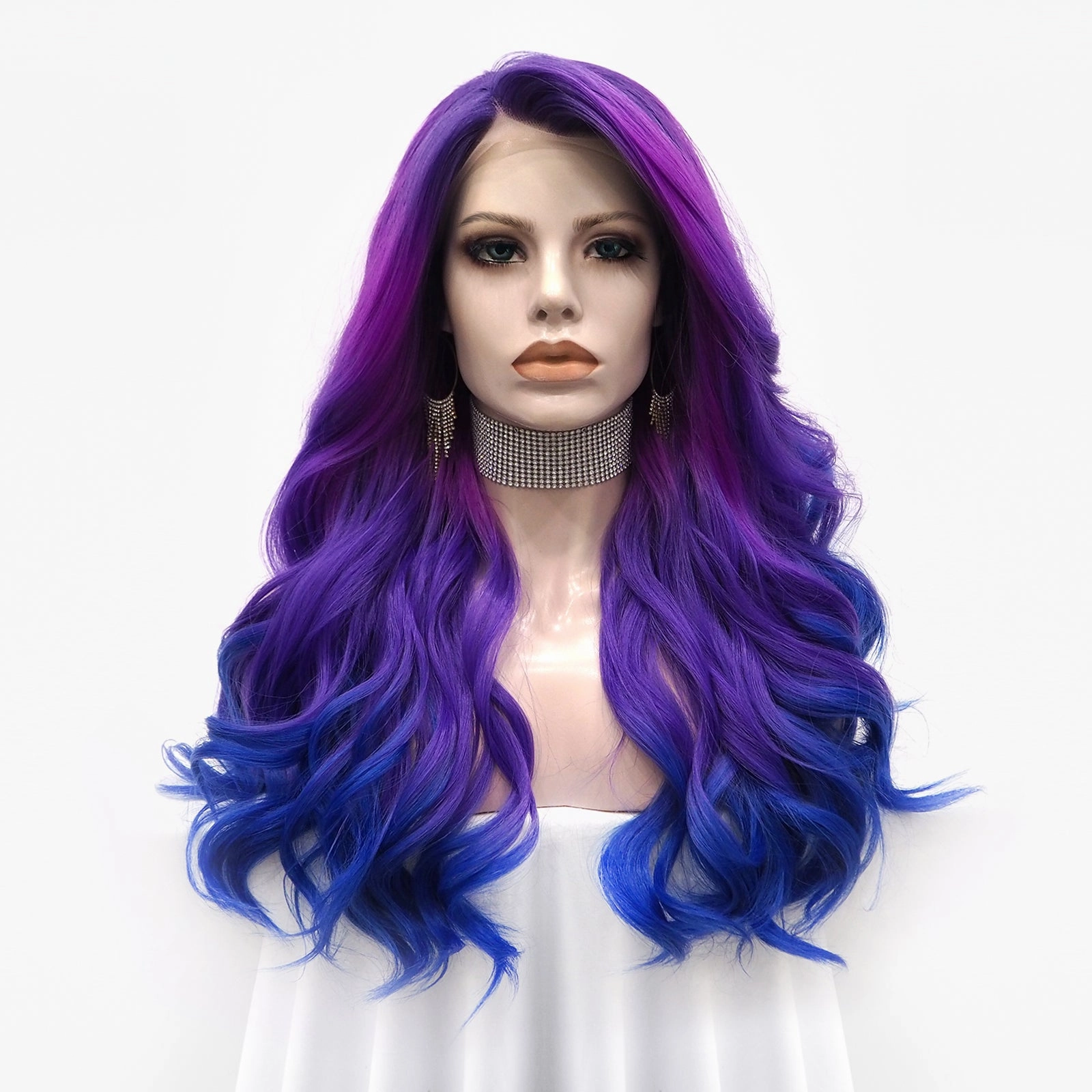 Queen-Purple And Blue Ombre Long Wave Lace Front Synthetic Wig