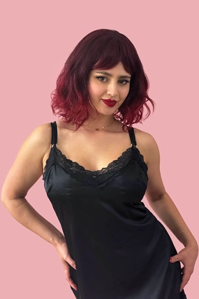 Red and black long wavy bob (lob) wig with swept fringe: Blaze