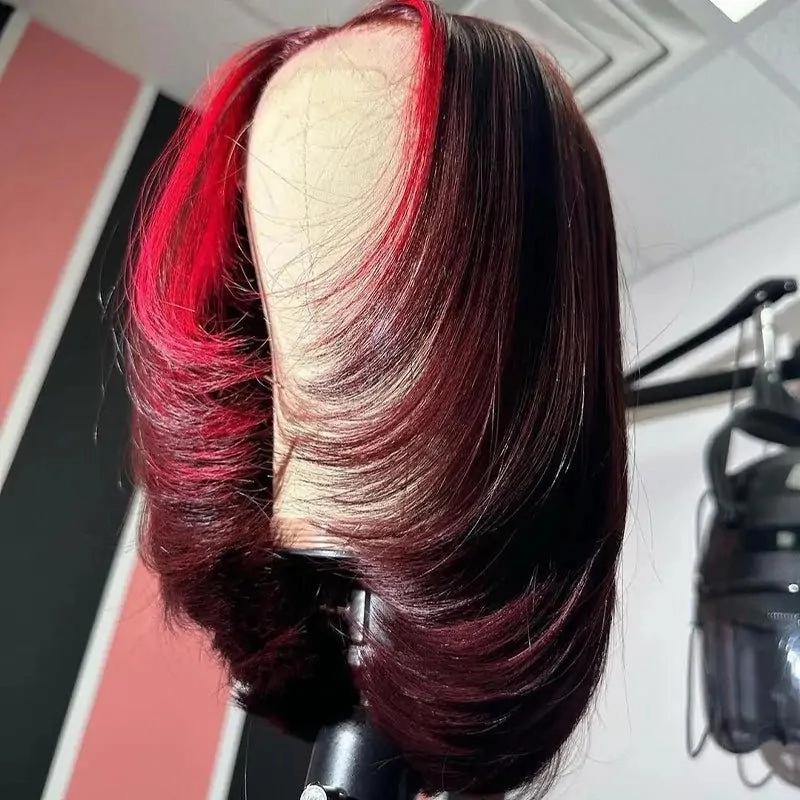 Red Highlight Color Lace Front Human Hair Wigs Layered Cut Straigt 99j Bob Wig Pre Plucked