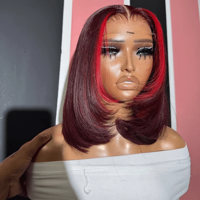 Red Highlight Color Lace Front Human Hair Wigs Layered Cut Straigt 99j Bob Wig Pre Plucked