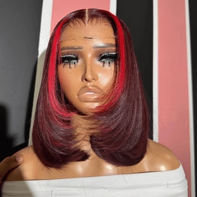 Red Highlight Color Lace Front Human Hair Wigs Layered Cut Straigt 99j Bob Wig Pre Plucked