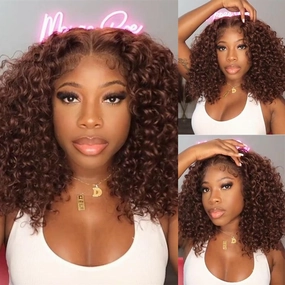 Reddish Brown 5X5 HD Lace Closure Deep Curly Bob Wig Glueless Curly Red Wine Invisible Lace Human Hair Bob Wigs