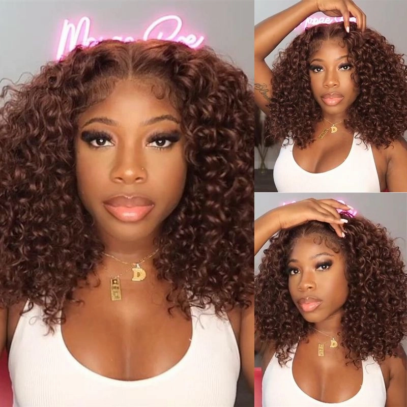 Reddish Brown 5X5 HD Lace Closure Deep Curly Bob Wig Glueless Curly Red Wine Invisible Lace Human Hair Bob Wigs