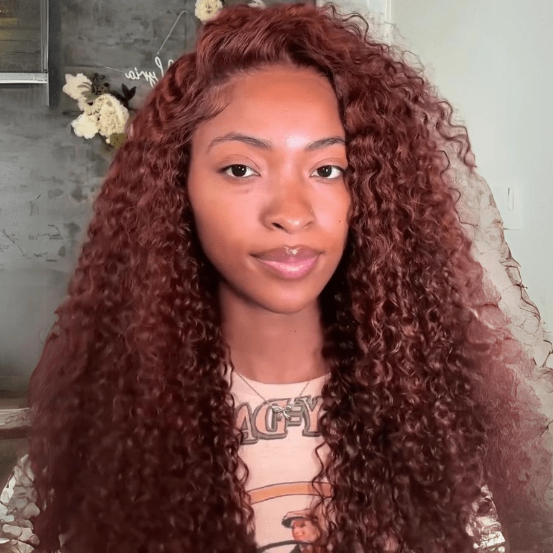Reddish Brown Curly 13x4 Lace Front Wig Copper Red Glueless Human Hair Wig 250% Density