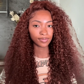 Reddish Brown Curly 13x4 Lace Front Wig Copper Red Glueless Human Hair Wig 250% Density