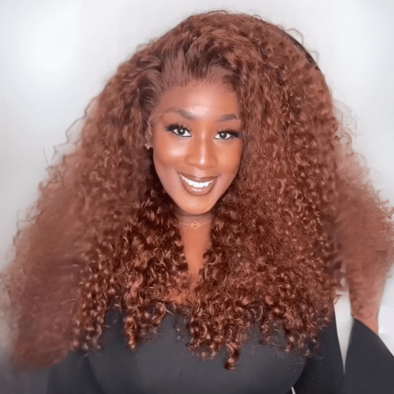 Reddish Brown Curly Human Hair Wigs 250% Density Glueless 13x4 Lace Front Curly Human Hair Wigs