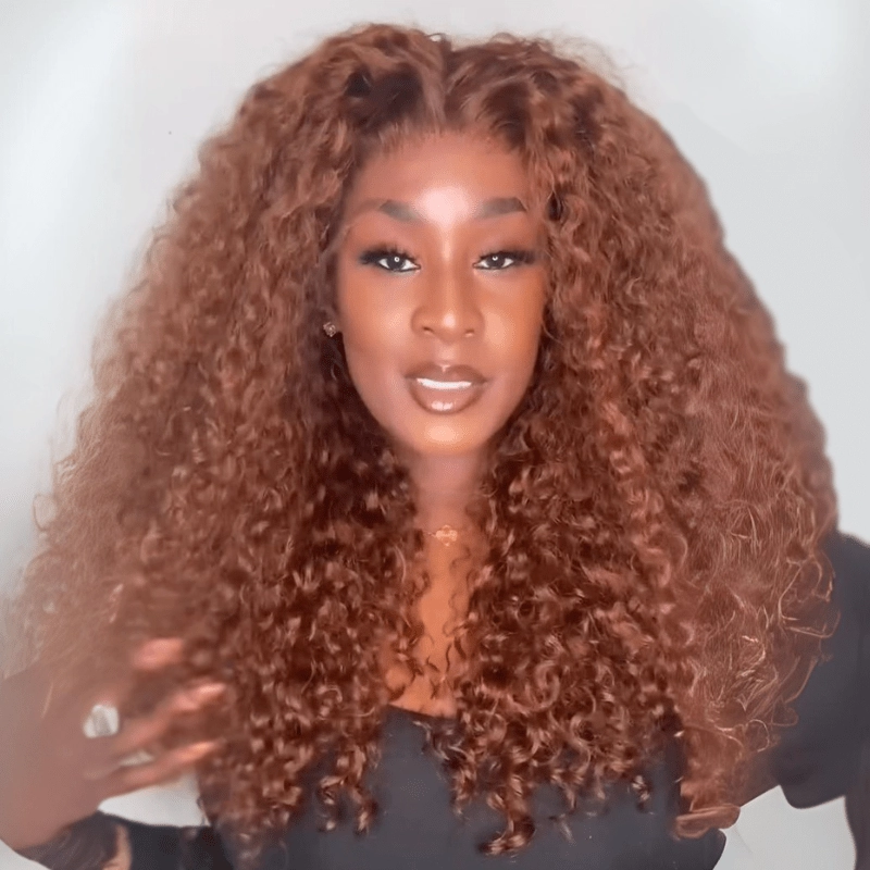 Reddish Brown Curly Human Hair Wigs 250% Density Glueless 13x4 Lace Front Curly Human Hair Wigs