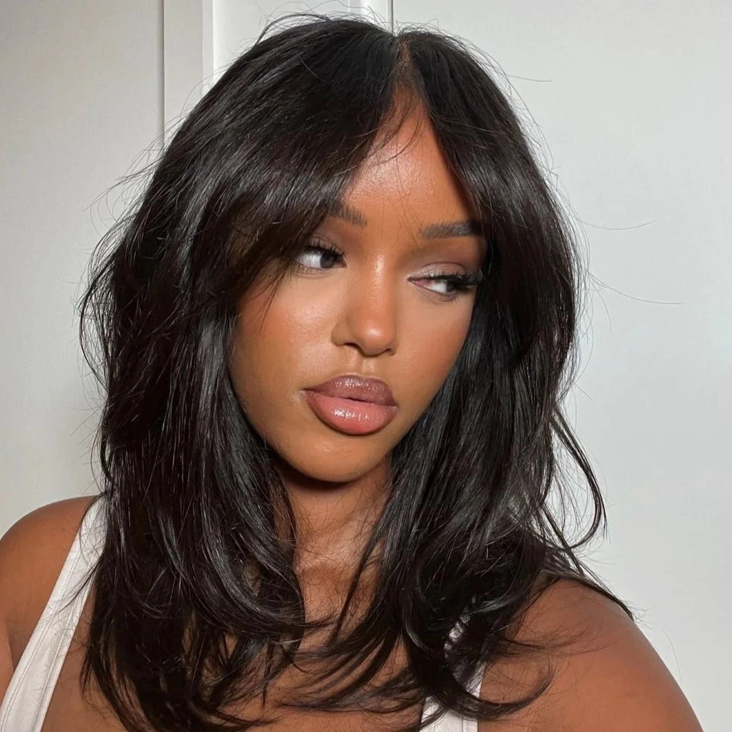 Ship in 24 Hours| $99 Get 20inch Long Natural Wavy Curtain Bangs Glueless 7x5 Bye Bye Knots Wig Easy to Wear Limited Stock