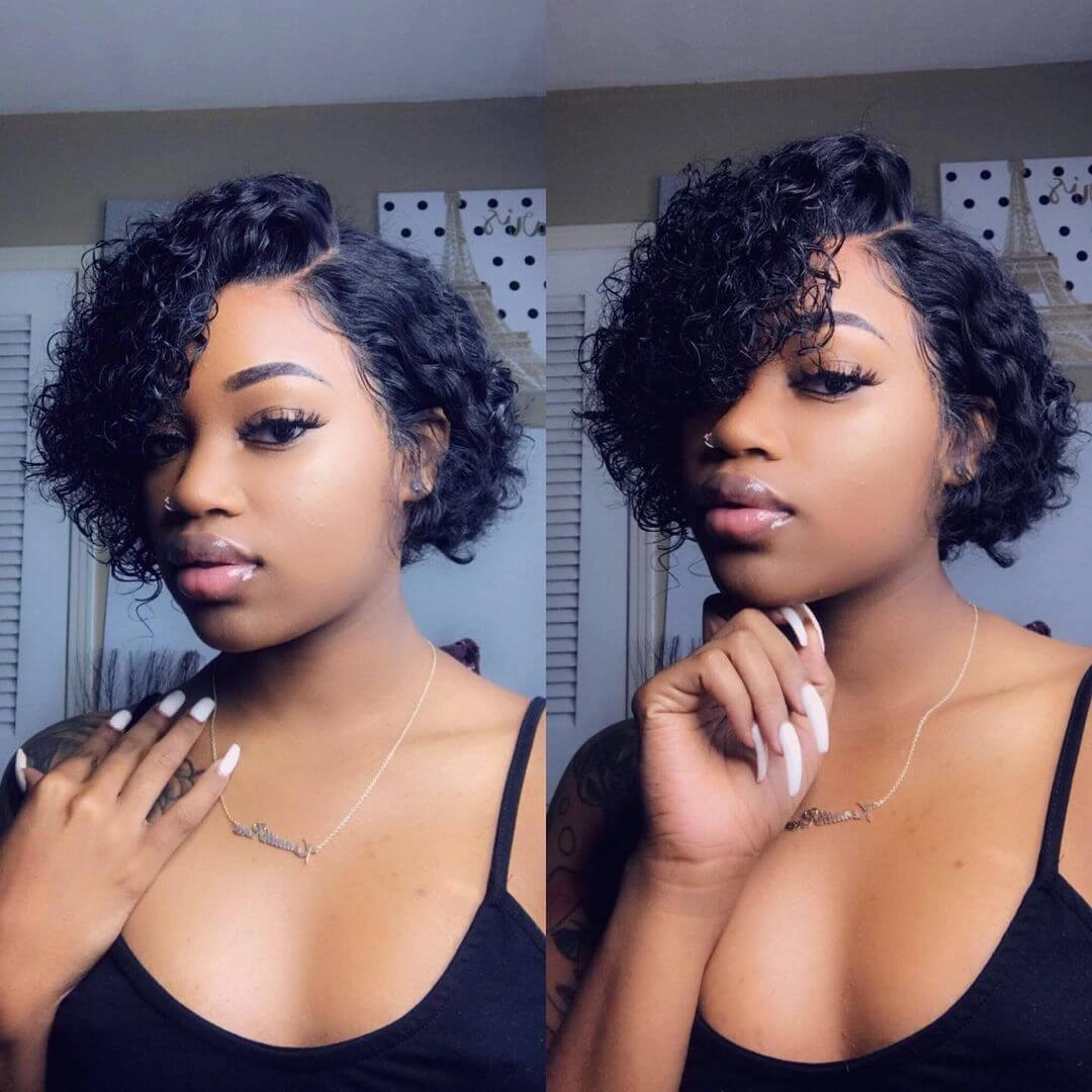 Short Curly Pixie Cut J Part Lace Frontal Wig Pre Plucked Natural Hairline For Women -Geetahair