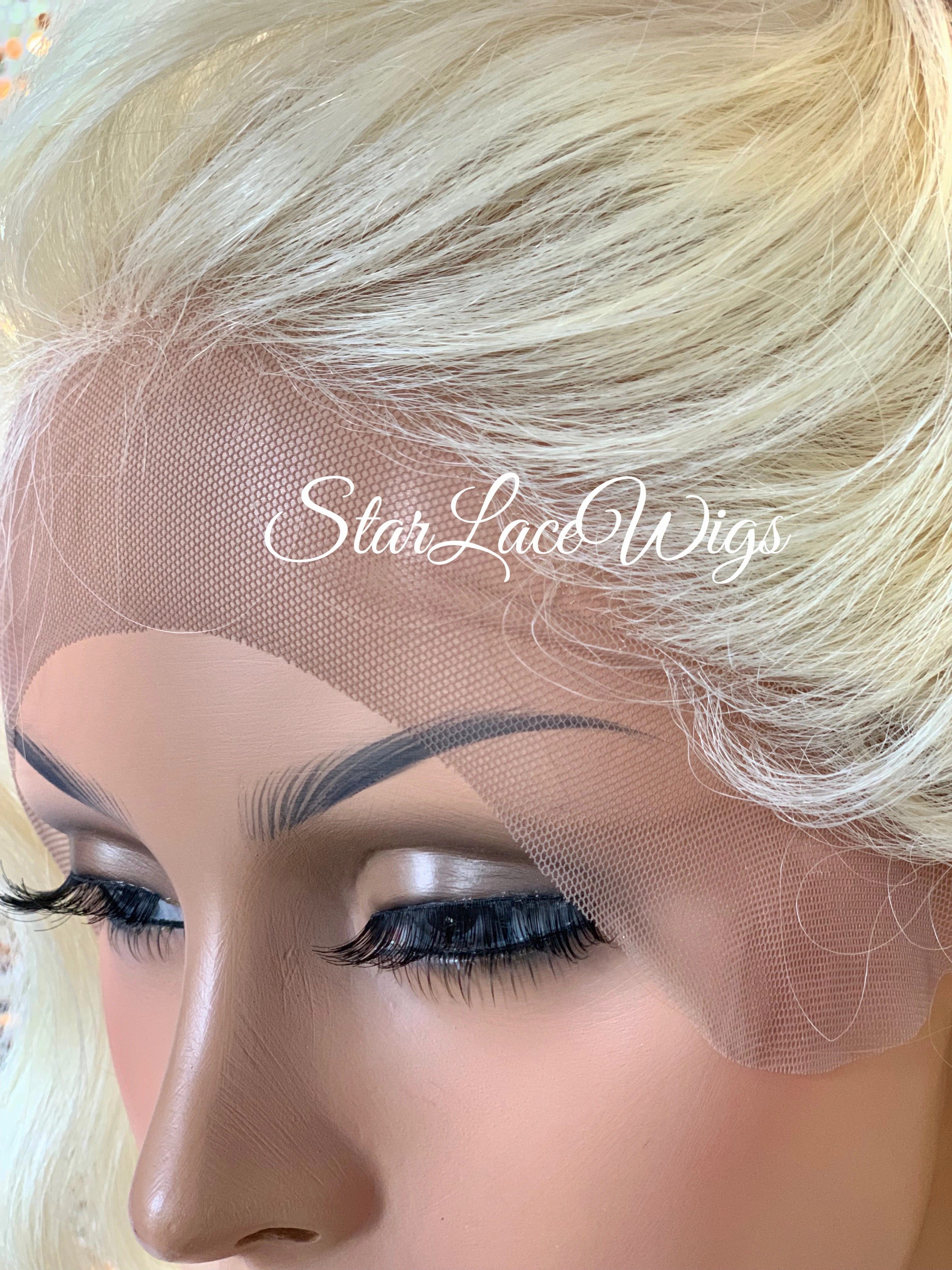 Short Wavy Platinum Blonde Lace Front Bob Wig (6x13) Parting Space - Blanca