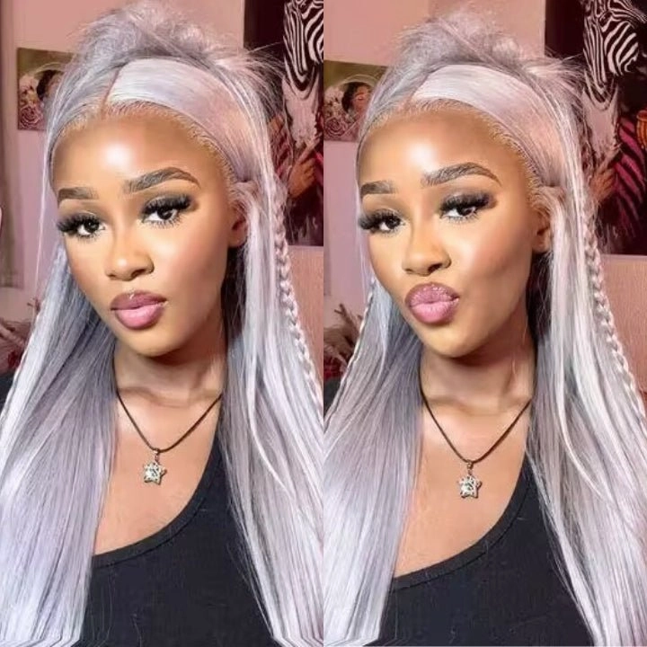 Silver Straight HD Transparent Lace Front Wig Gray Human Hair Wigs Pre Plucked With Baby Hair