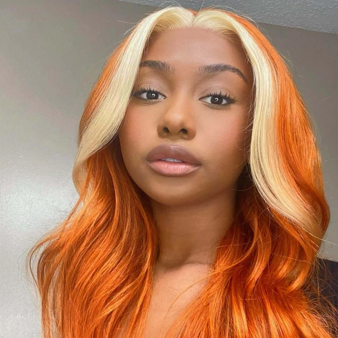 Skunk Stripe Body Wave 13x4/4x4 HD Transparent Lace Wig Ginger Orange Color With #613 Blonde Highlight Wig Colored Human Hair Wigs-Geeta Hair