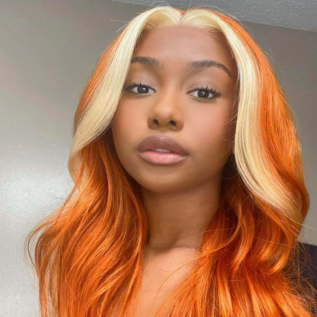 Skunk Stripe Body Wave 13x4/4x4 HD Transparent Lace Wig Ginger Orange Color With #613 Blonde Highlight Wig Colored Human Hair Wigs-Geeta Hair