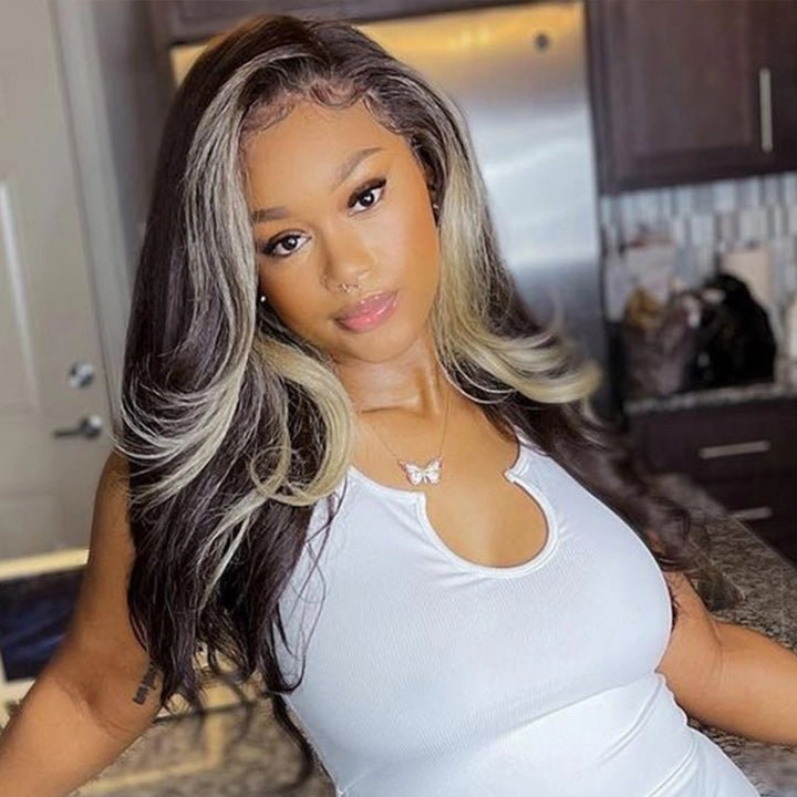 Skunk Stripe Hair Body Wave Lace Front Wig With Blonde Highlight HD Transparent Lace Human Hair Wigs
