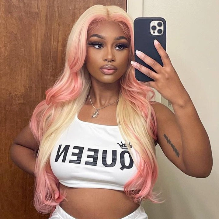 Skunk Stripe Hair Body Wave Lace Front Wig With Pink Highlight HD Transparent Lace Human Hair Wigs