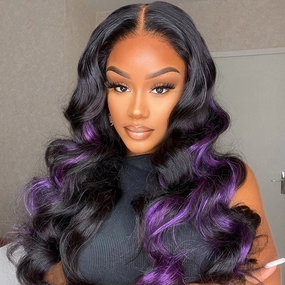 Skunk Stripe Hair Body Wave Lace Front Wig With Purple Highlight HD Transparent Lace Human Hair Wigs