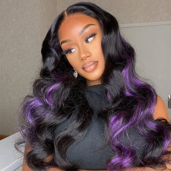 Skunk Stripe Hair Body Wave Lace Front Wig With Purple Highlight HD Transparent Lace Human Hair Wigs
