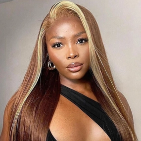 Skunk Stripe Highlight Blonde Lace Frontal Wig Colored Straight HD Lace Human Hair Wigs