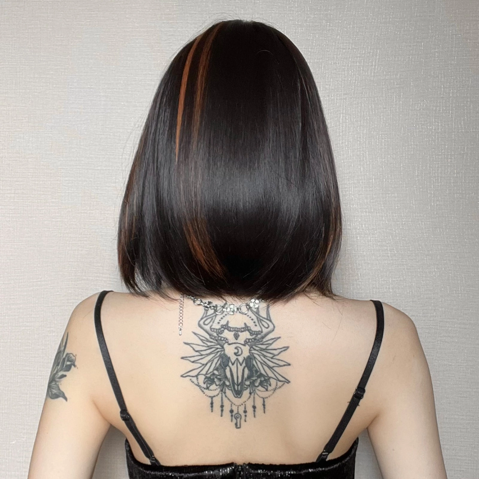 Sleek Black Bob Wig with Bangs and Caramel Highlights  - MARKETPLACE