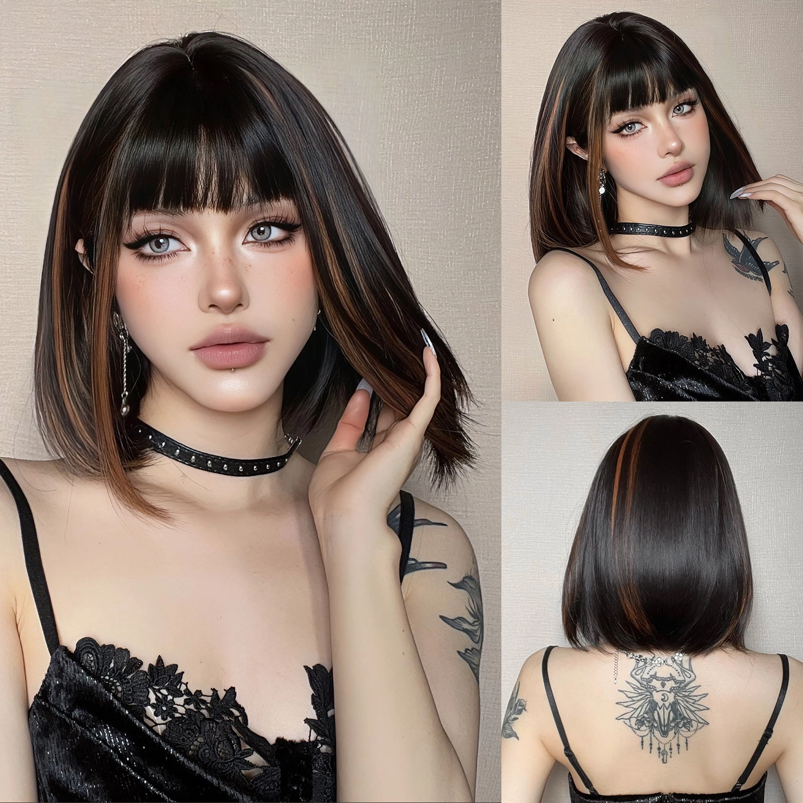 Sleek Black Bob Wig with Bangs and Caramel Highlights  - MARKETPLACE