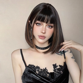 Sleek Black Bob Wig with Bangs and Caramel Highlights  - MARKETPLACE