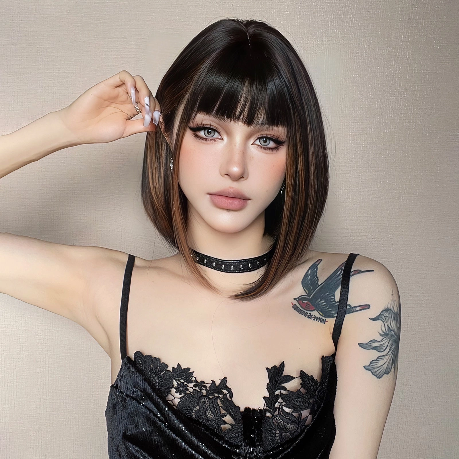 Sleek Black Bob Wig with Bangs and Caramel Highlights  - MARKETPLACE
