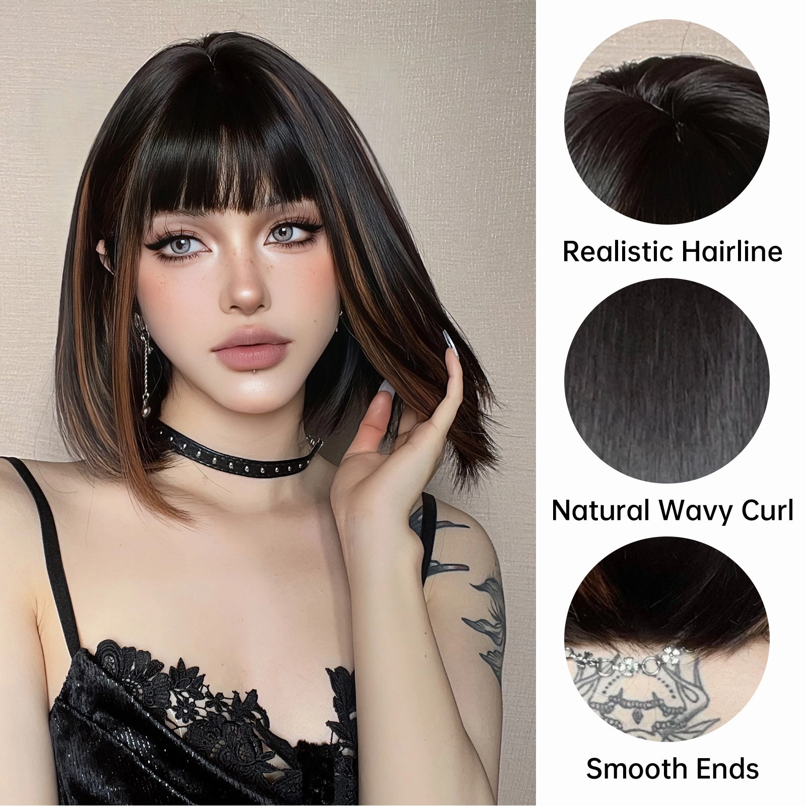 Sleek Black Bob Wig with Bangs and Caramel Highlights  - MARKETPLACE
