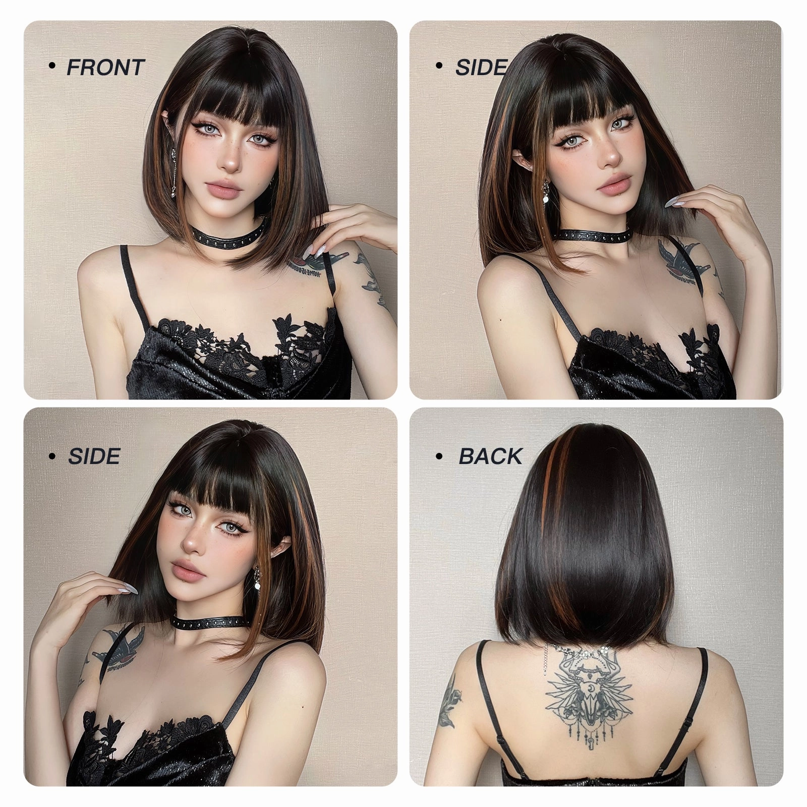 Sleek Black Bob Wig with Bangs and Caramel Highlights  - MARKETPLACE
