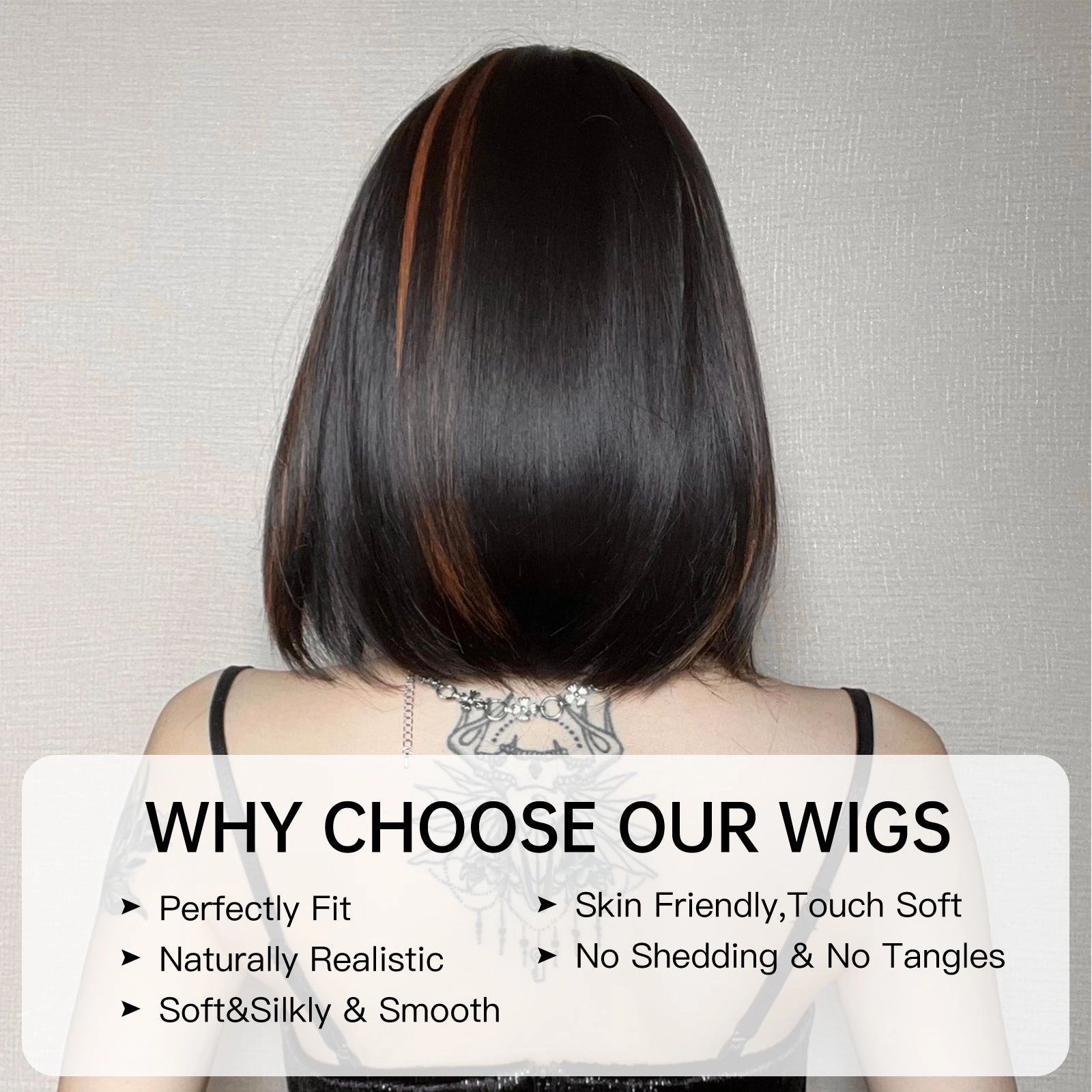 Sleek Black Bob Wig with Bangs and Caramel Highlights  - MARKETPLACE