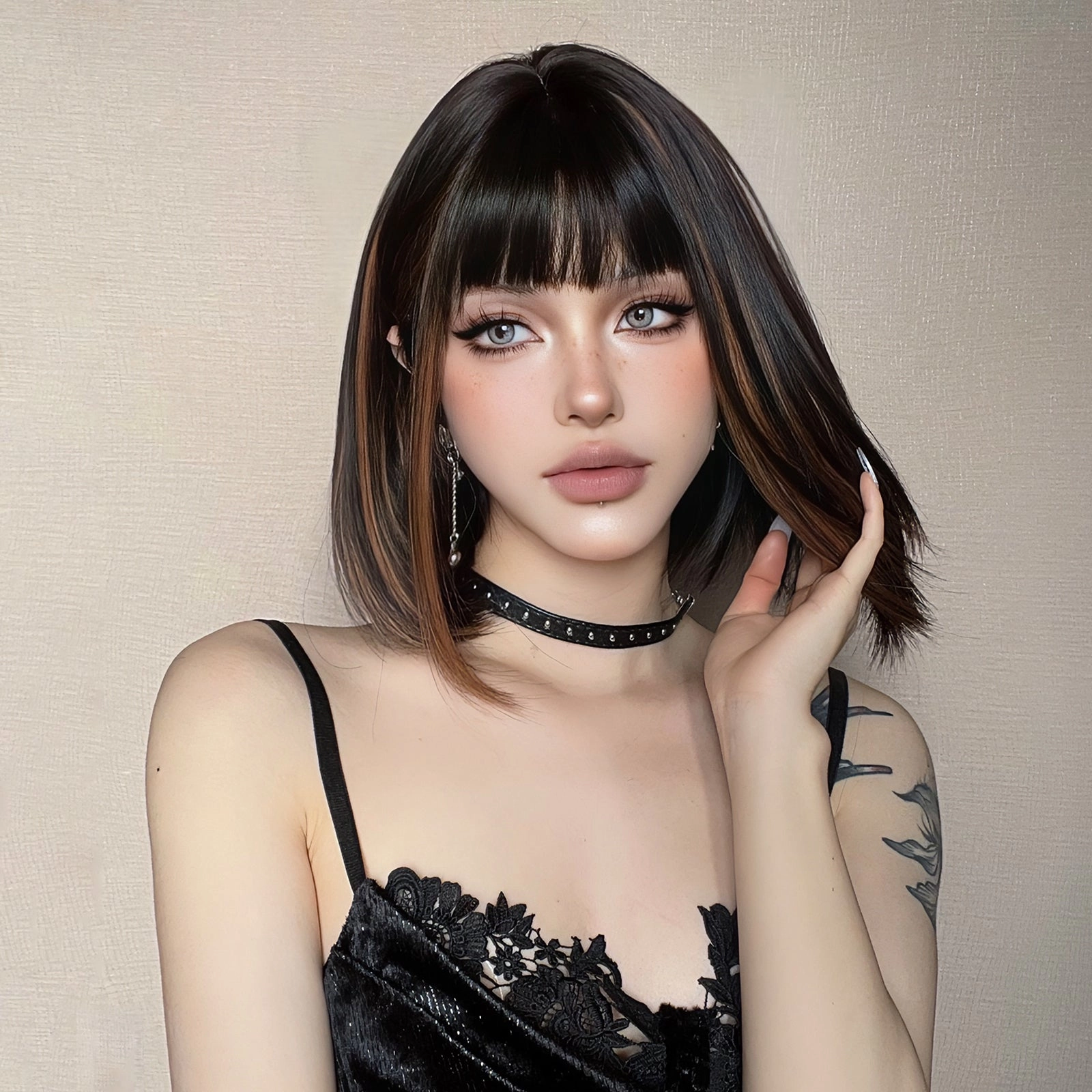 Sleek Black Bob Wig with Bangs and Caramel Highlights  - MARKETPLACE