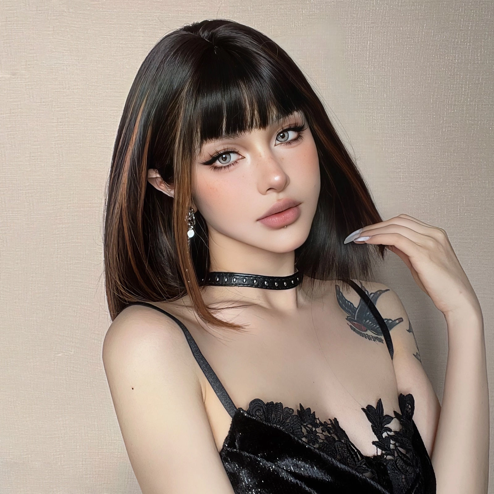Sleek Black Bob Wig with Bangs and Caramel Highlights  - MARKETPLACE