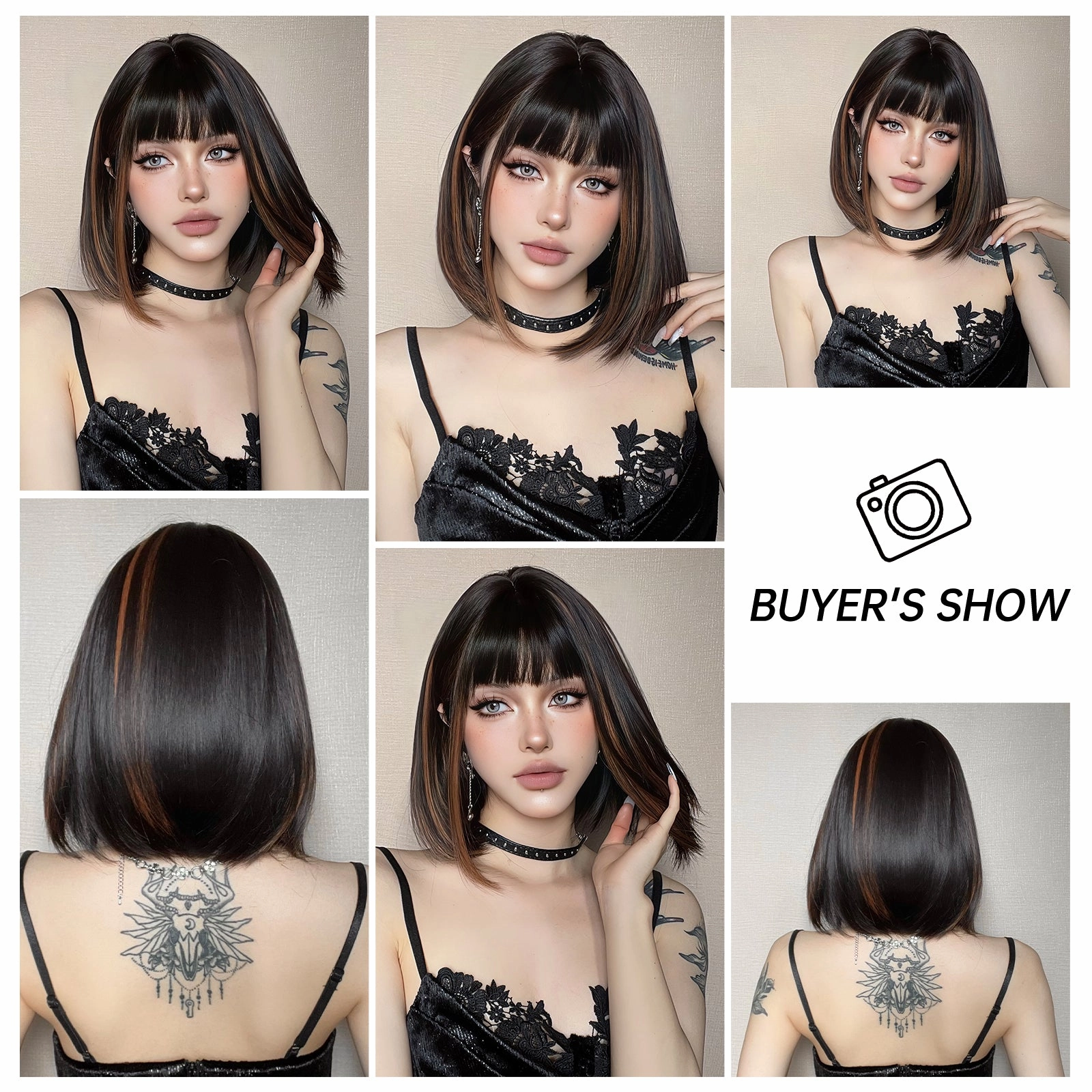 Sleek Black Bob Wig with Bangs and Caramel Highlights  - MARKETPLACE