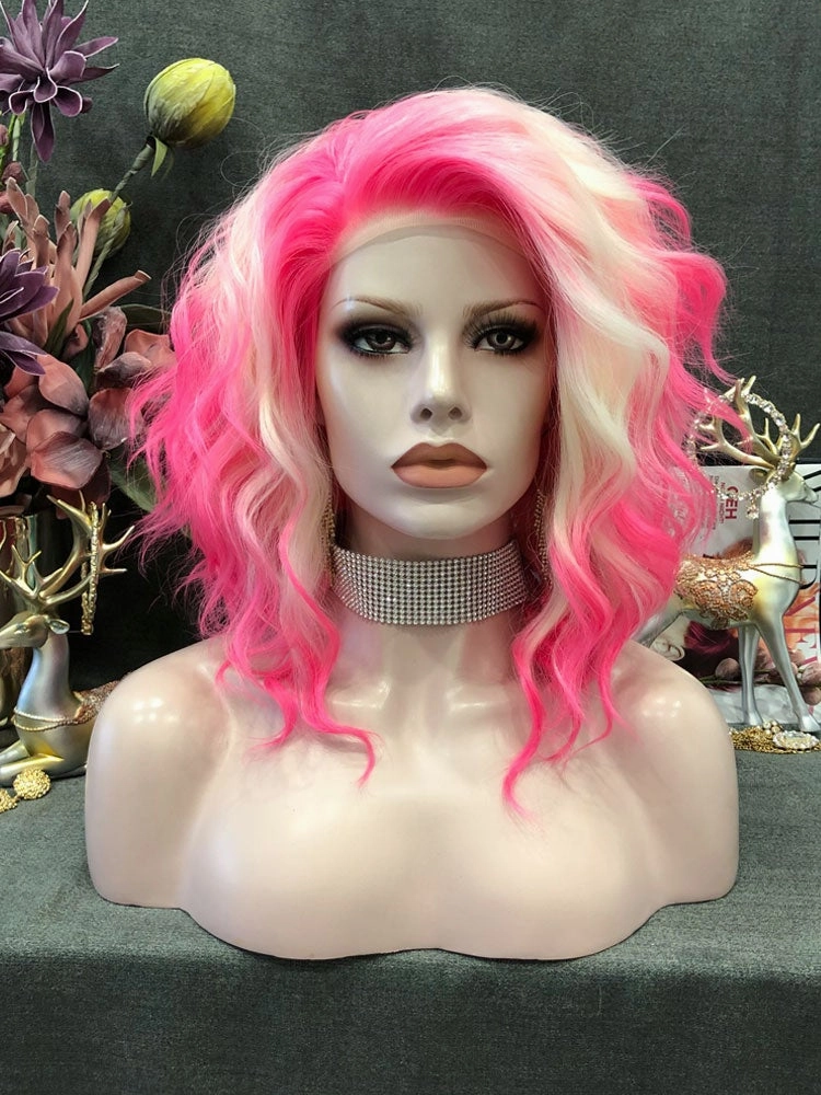 Sparkle - Pink Blonde Ombre Shoulder Length Loose Curl Short Synthetic Lace Front Wigs