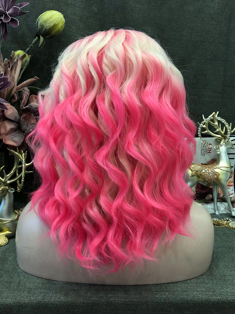 Sparkle - Pink Blonde Ombre Shoulder Length Loose Curl Short Synthetic Lace Front Wigs