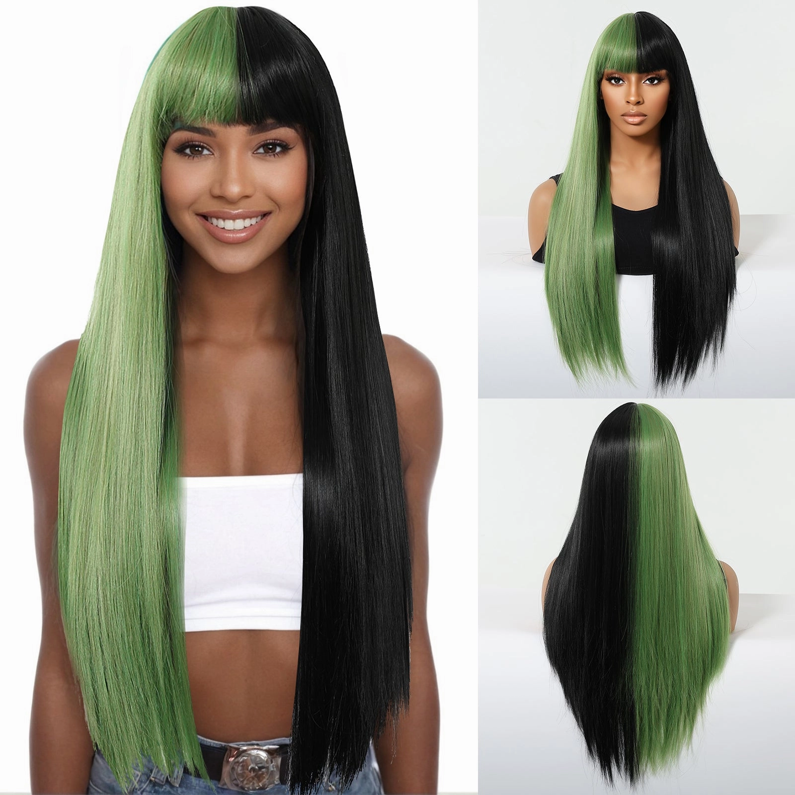 Split-Dye Black & Green with Full Fringe Wig - MARKETPLACE