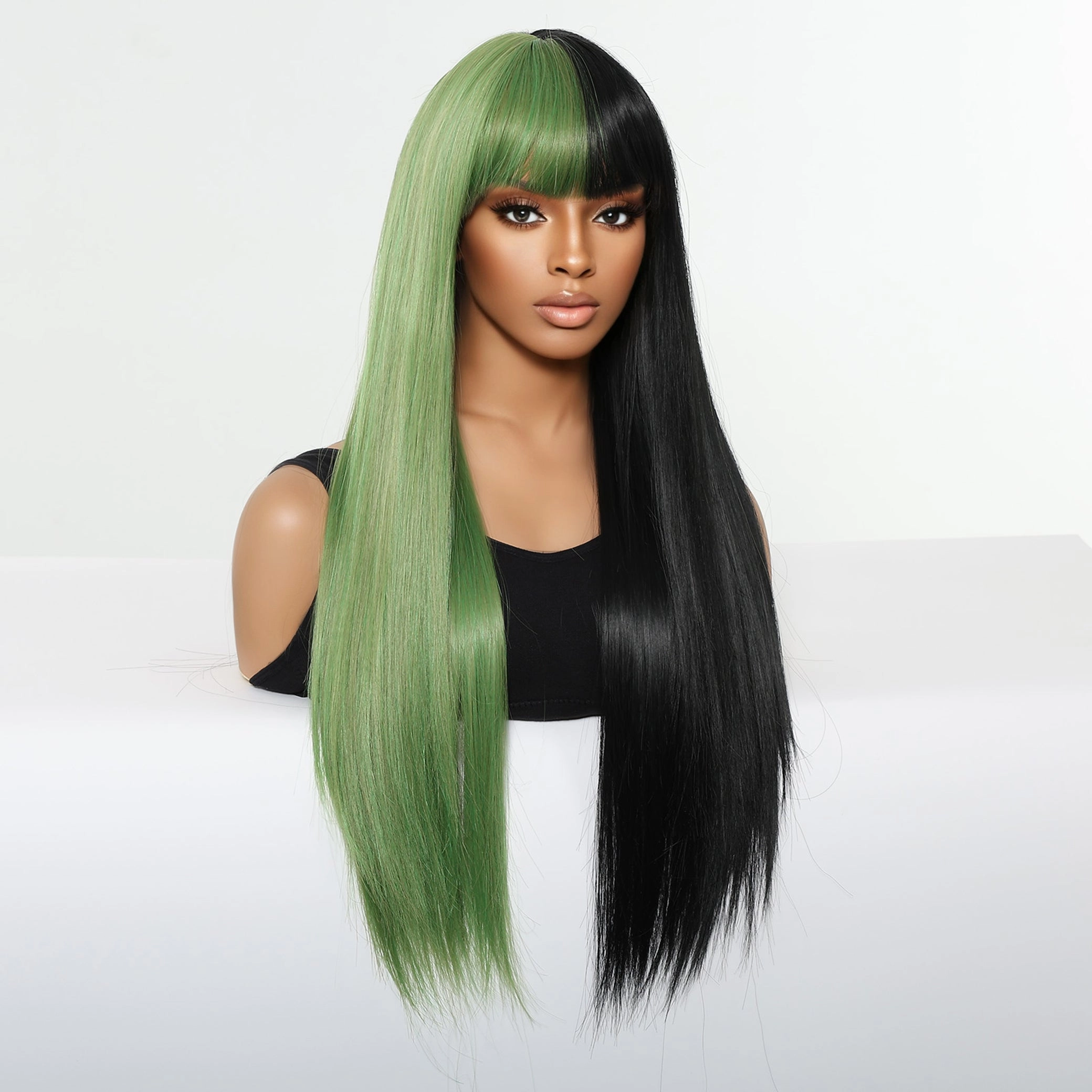 Split-Dye Black & Green with Full Fringe Wig - MARKETPLACE