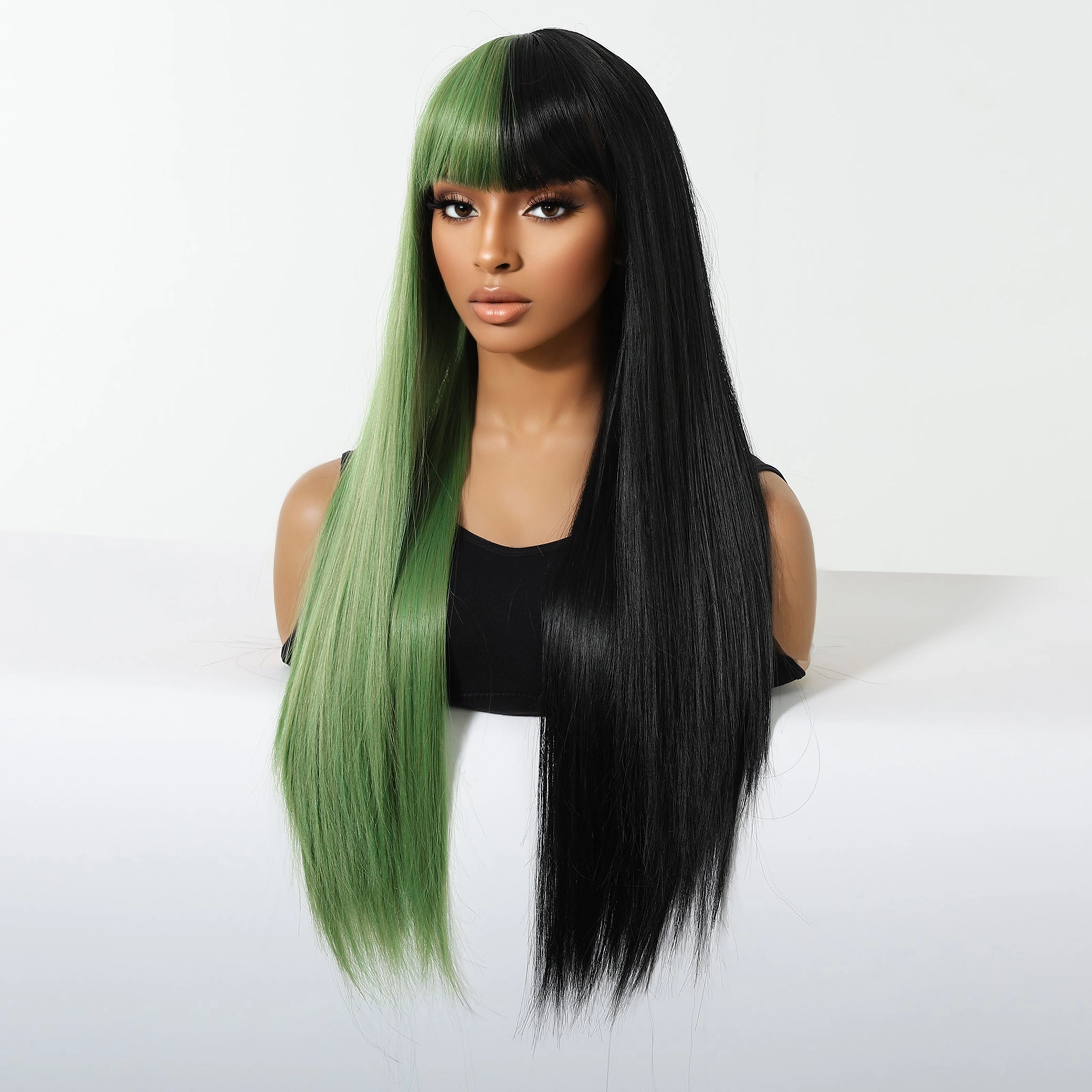 Split-Dye Black & Green with Full Fringe Wig - MARKETPLACE