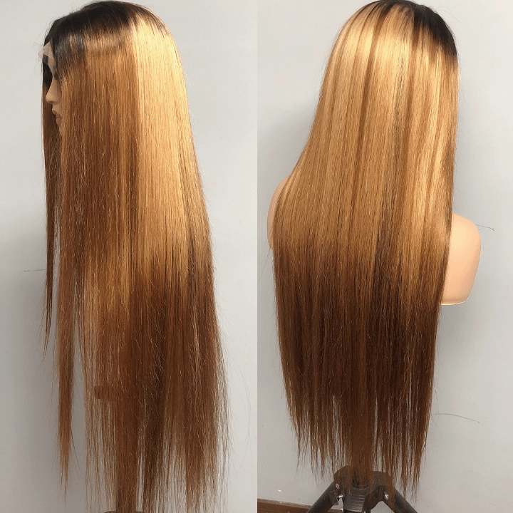 Straight Brown Wig With Blonde Highlights 13x4 HD Transaparent Lace Front Human Hair Wigs With Dark Roots - Geeta Hair