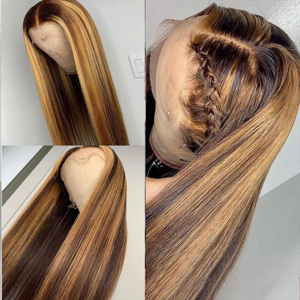 Straight Hair Honey Blonde Highlight Wig 13x4 HD Transparent Lace Human Hair Wigs Pre Plucked With Baby Hair-Geetahair