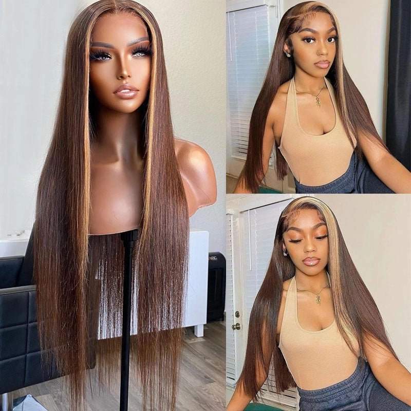 Straight Hair Skunk Stripe Wig 13x4 HD Lace Brown Hair With Honey Blonde Streaks Highlight Wigs Brazilian Human Hair Lace Front Wigs-GeetaHair