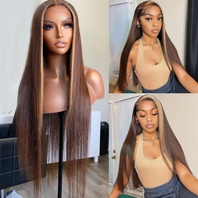 Straight Hair Skunk Stripe Wig 13x4 HD Lace Brown Hair With Honey Blonde Streaks Highlight Wigs Brazilian Human Hair Lace Front Wigs-GeetaHair