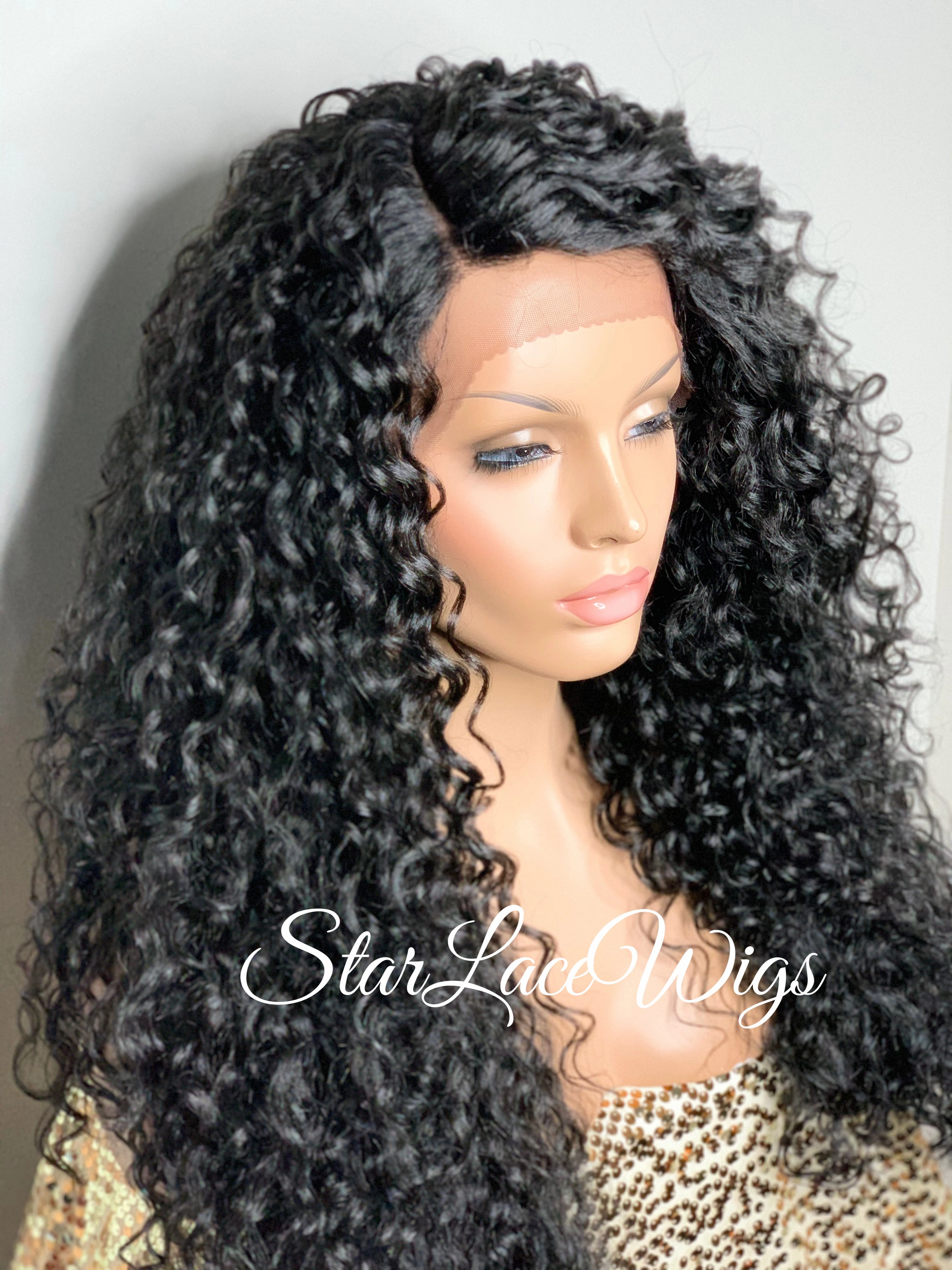 Synthetic Lace Front Wig Black Long Curly Layers Side Part - Madelyn