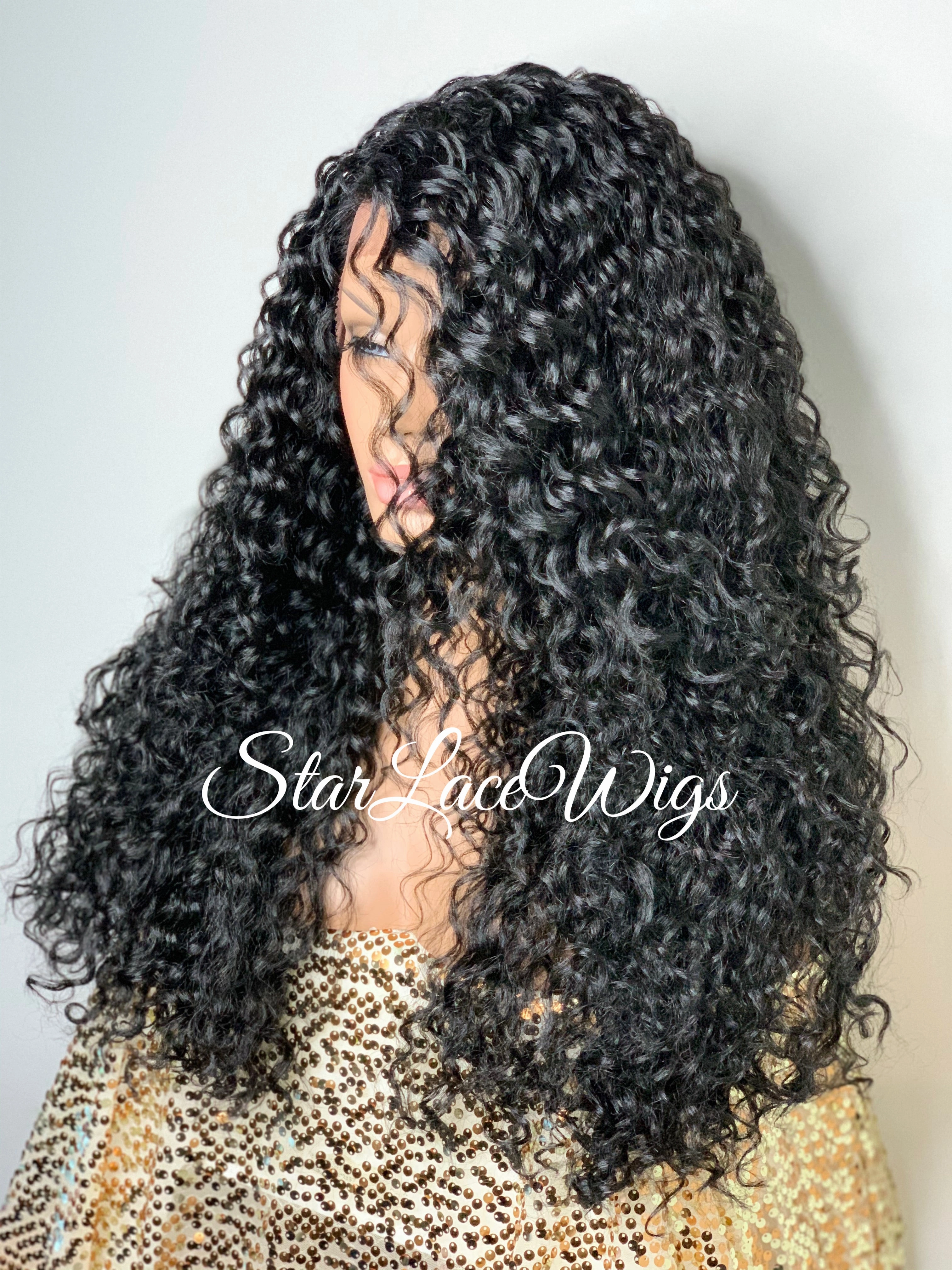 Synthetic Lace Front Wig Black Long Curly Layers Side Part - Madelyn