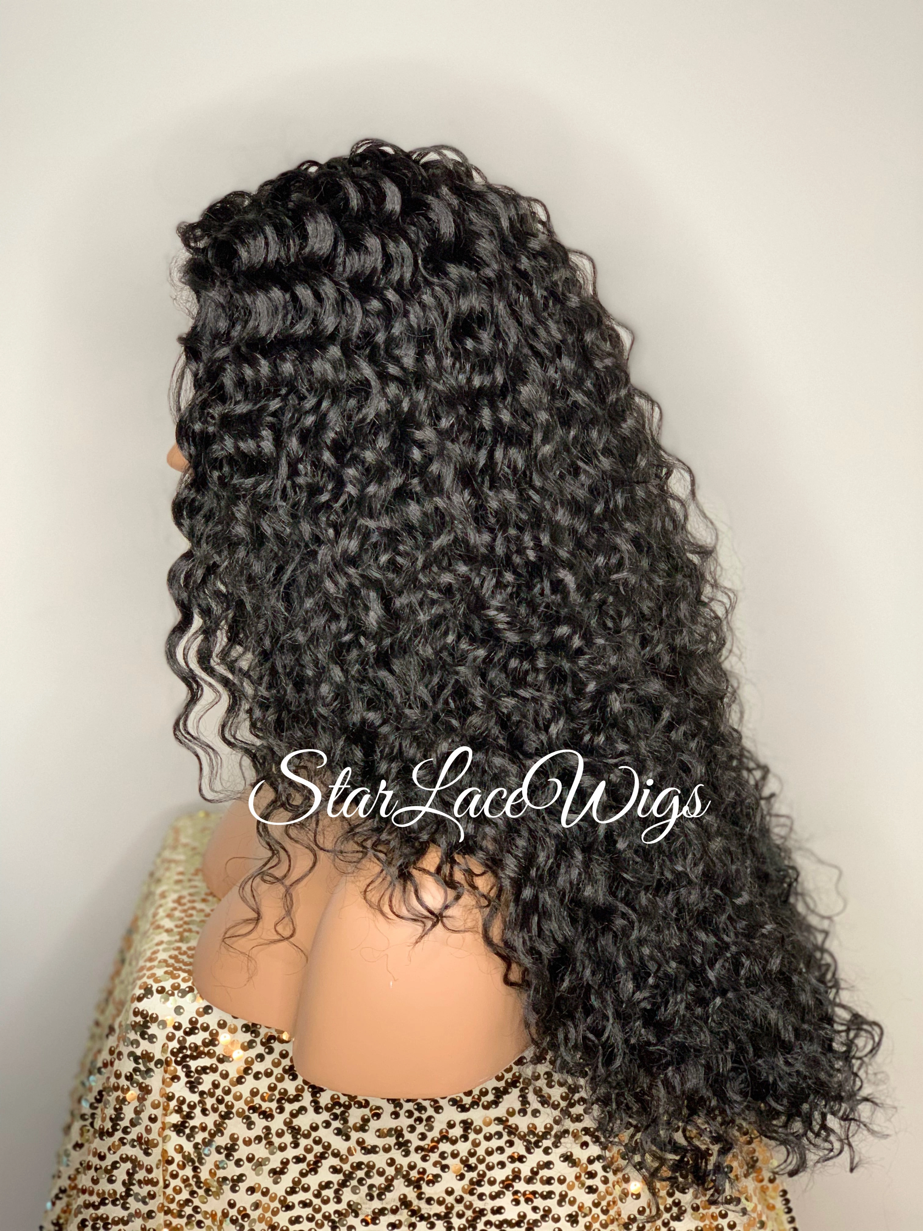 Synthetic Lace Front Wig Black Long Curly Layers Side Part - Madelyn