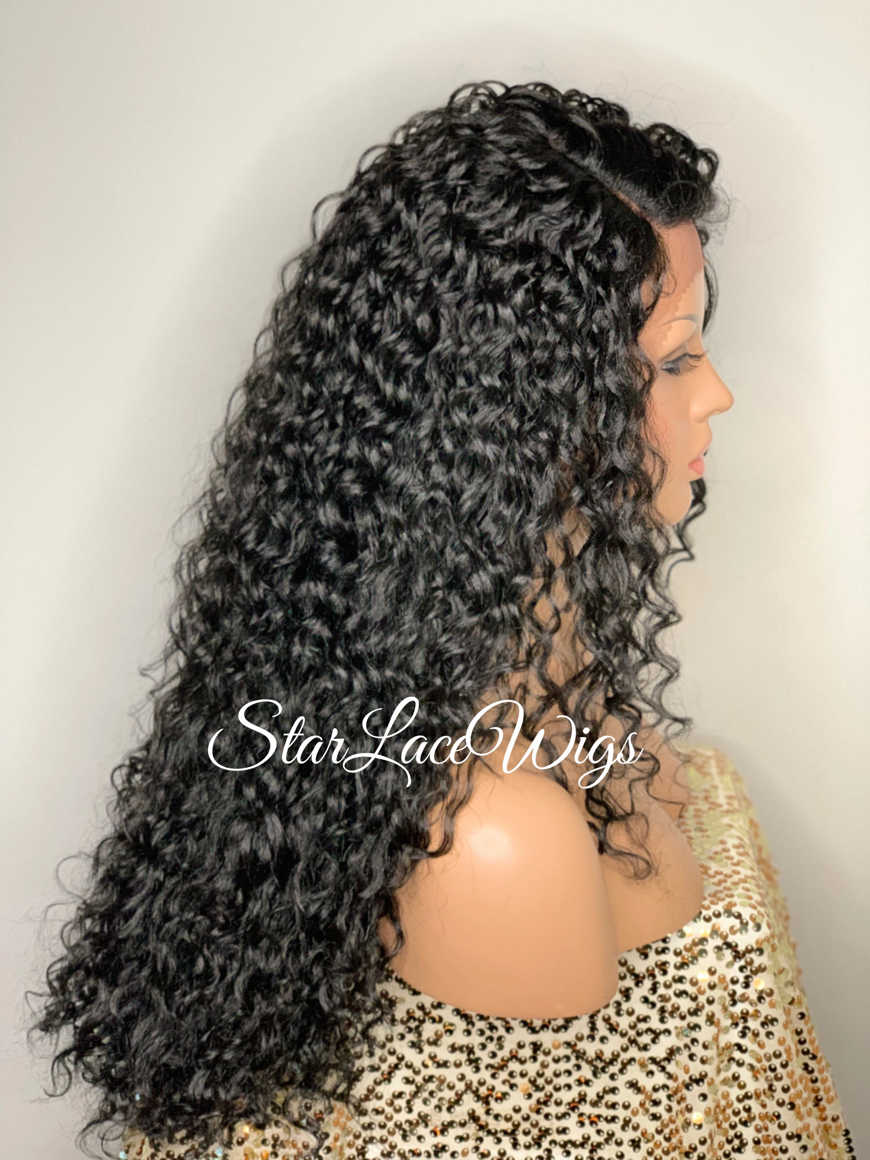 Synthetic Lace Front Wig Black Long Curly Layers Side Part - Madelyn