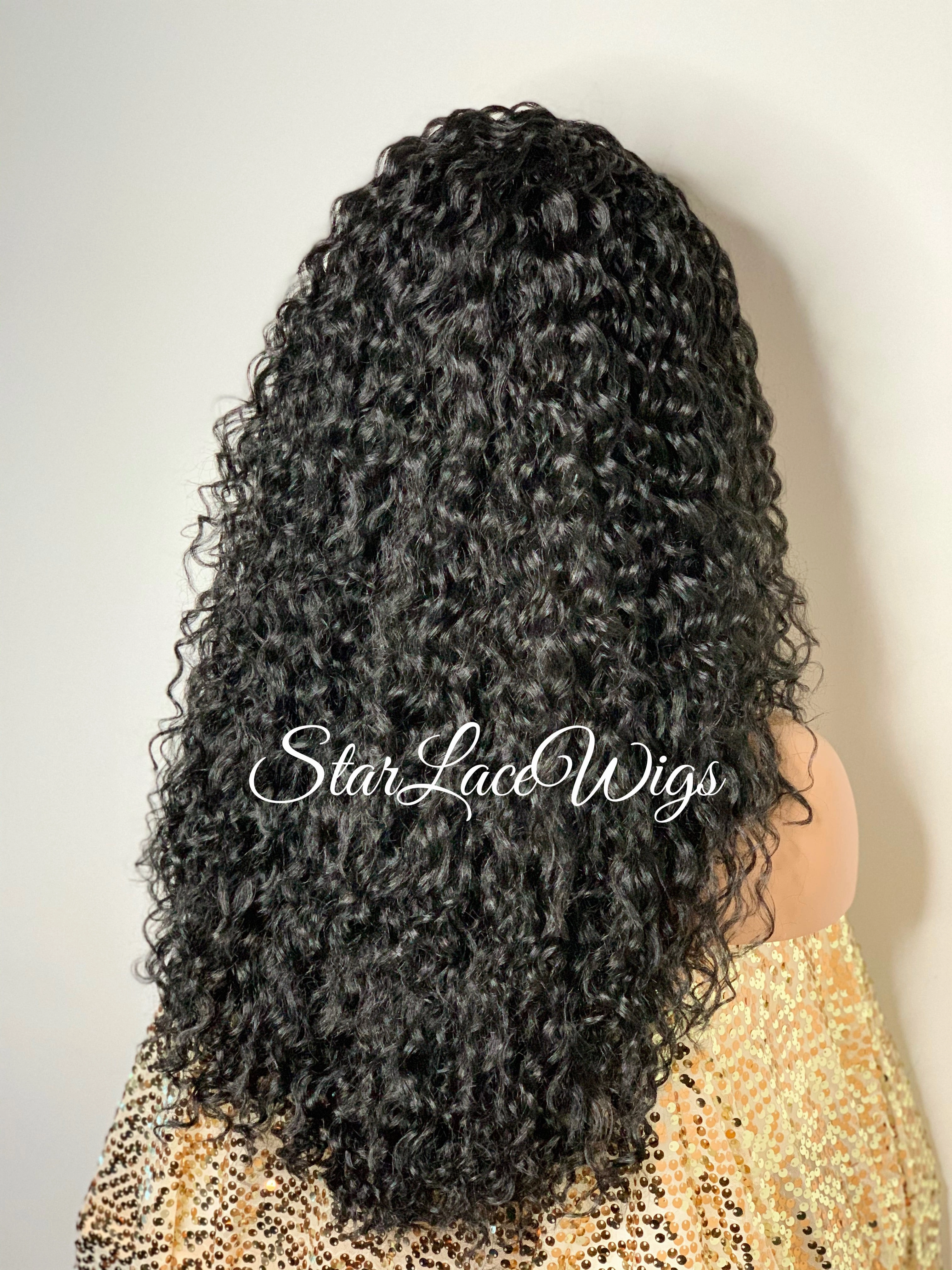 Synthetic Lace Front Wig Black Long Curly Layers Side Part - Madelyn